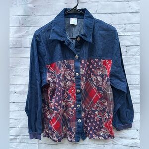 VTG Aileen L denim patchwork bandana print 90’s shirt jacket shacket tapestry
